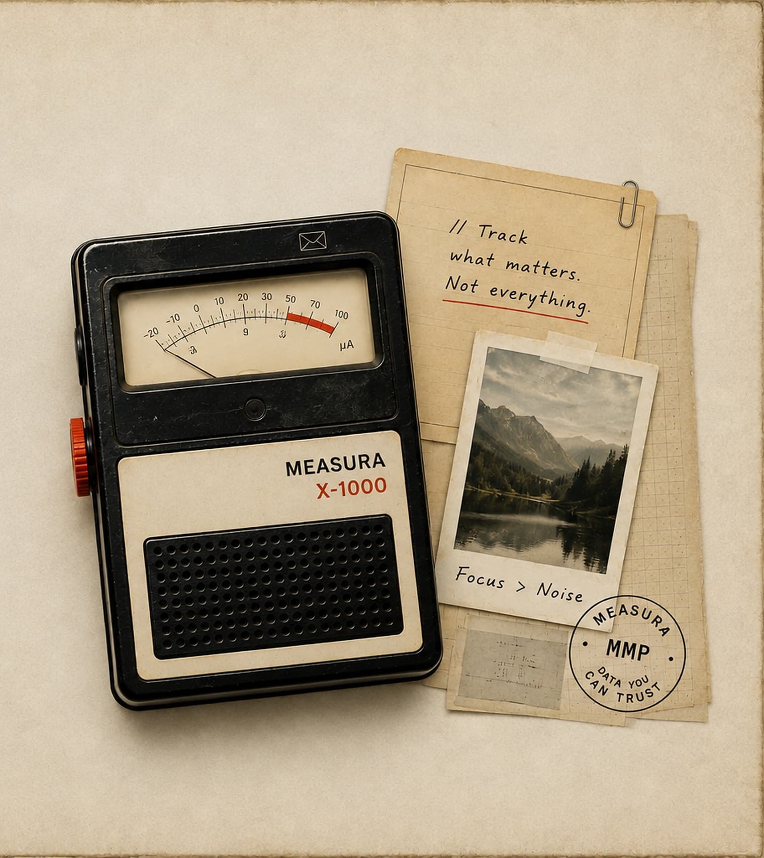 A Measura X-1000 analogue meter beside a clipped note reading: track what matters, not everything. A polaroid below it is captioned focus is greater than noise.
